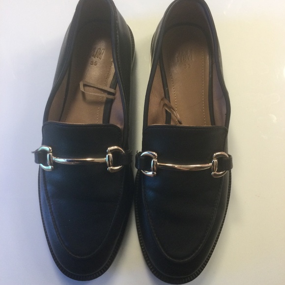 H&M BLACK LOAFERS WITH GOLD BUCKLE - Picture 1 of 4